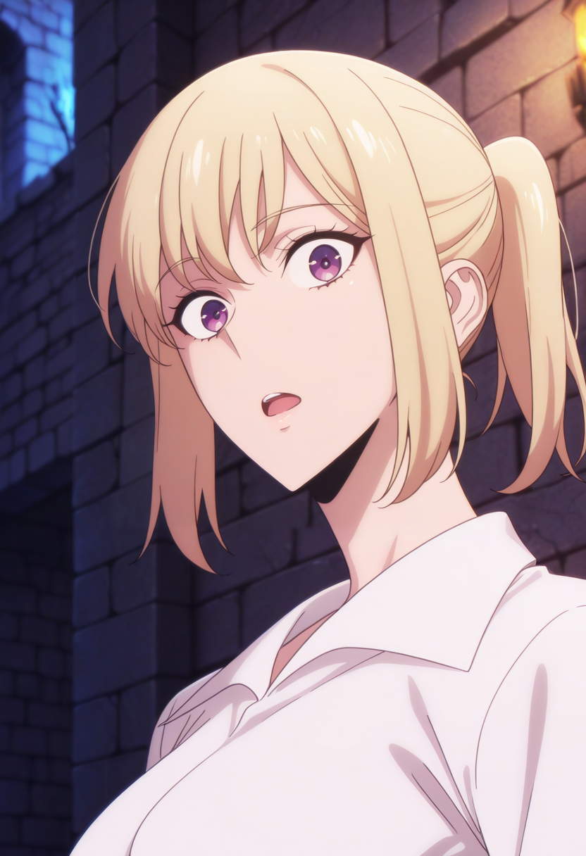 newest, masterpiece, best quality, 4k,
outdoors, dungeon,very aesthetic, detailed background, face focus,
1girl, solo, <lora:ChaHaeInV1:1> cha_hae-1n, blonde hair, short hair, purple eyes, breasts, white shirt, collared shirt, ponytail, sidelocks, surprised, wide eyes, open mouth,looking at viewer