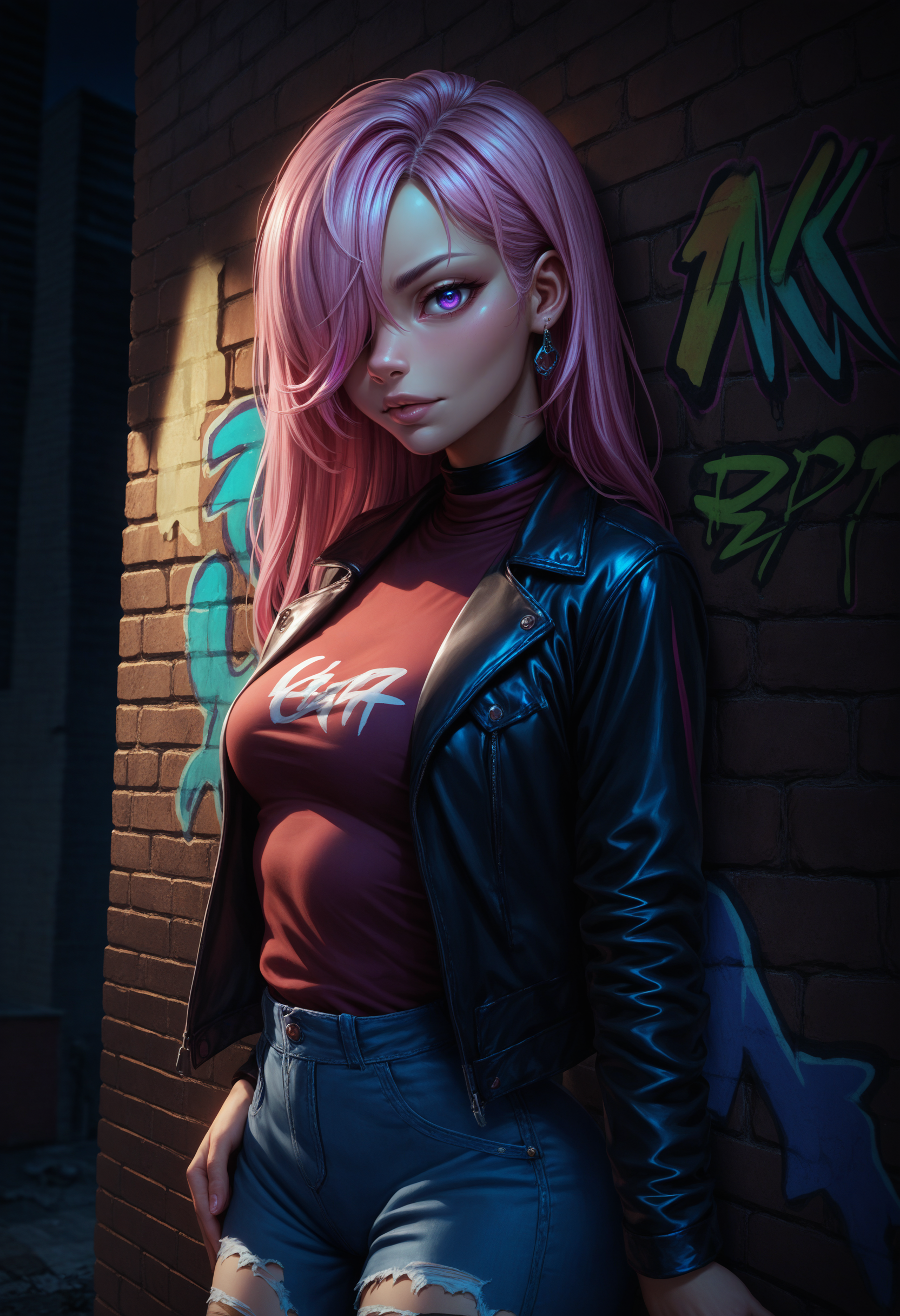 score_9, score_8_up, score_7_up, detailed, 1girl, solo, intricate details, chromatic aberration, realistic, long hair, pink hair, red head ornament, pink highlights, hair over one eye, purple eyes, earrings, sharp eyes, choker, neon shirt, torn legwear, open jacket, turtleneck sweater, night,against wall, brick wall, graffiti, dim lighting, alley, looking at viewer