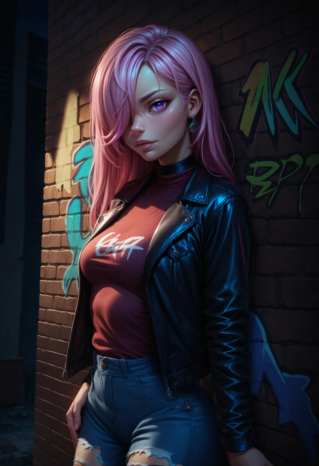 score_9, score_8_up, score_7_up, detailed, 1girl, solo, intricate details, chromatic aberration, realistic, long hair, pink hair, red head ornament, pink highlights, hair over one eye, purple eyes, earrings, sharp eyes, choker, neon shirt, torn legwear, open jacket, turtleneck sweater, night,against wall, brick wall, graffiti, dim lighting, alley, looking at viewer