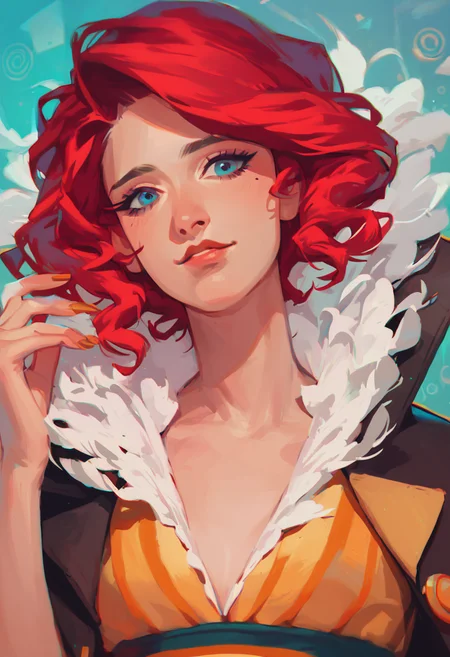 score_9, score_8_up, score_7_up, best quality, highres, 80s anime style, solo, 1girl, red hair, blue eye, Red, transistor, dress, jacket, stockings, upper body, looking at viewer, <lora:Red_Transistor:1>