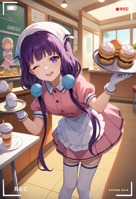 score_9, score_8_up, score_7_up, source anime , 1girl, camera frame, <lora:Camera frame-000016:1> <lora:MaikaPXL1-000011:1> Maika, purple hair, purple eyes, low twintails, head scarf, pink dress, white apron, white gloves, white thighhighs, holding tray, cafe, one eye closed, smile, bent over,