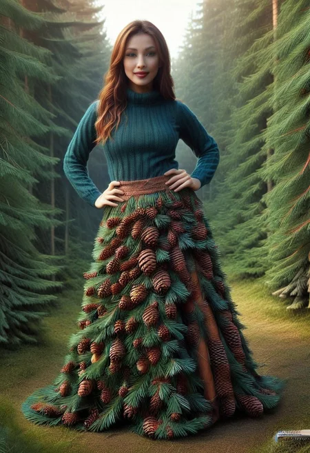 dawn, dark pine forest, colorful dress, perfect picture, (anatomically correct:1.7), score_9, score_8_up, score_7_up, score_6_up, score_5_up, score_4_up, UHD, 8K, masterpiece, detailed, ultra_high_resolution, lots of detail, OverallDetailXL, detailxl, Sci-fi Environments, epiCPhotoGasm-colorfulPhoto. style-empire, colorful style, 1woman, curvy, narrow waist, full lips, (red lips), flowing hair, (natural  eyes:1.3), full smile, mature female, milf, motherly. 32 years old, fir needles, fir needle style, fir needle, (long skirt made out of fir needles:2), (long skirt:2.2), (fully dressed:2), (covered body:1.8), (fully covered breasts:1.5), high neck closure, add-detail-xl, short puffy sleeves, Cambodian woman, long hair, light brown hair, small waist, wide hips, high cheekbones, golden glow, (Auntie Flatts:1.12), (sweater made out of pine cones:2).