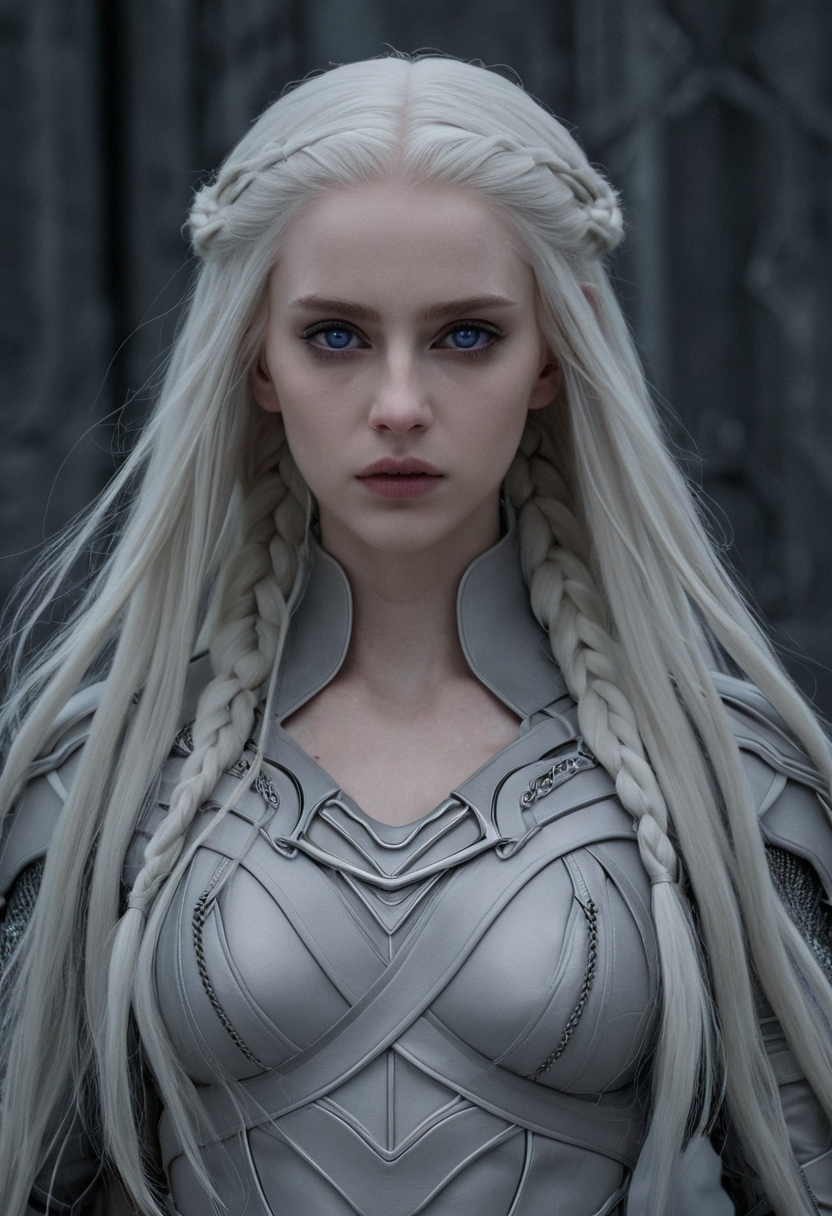 Techwear fashion <lora:R0k00Bl0ckB0ckgr00ndHD:1>,R0k00Bl0ckB0ckgr00ndHD (style, background, scenery, aura, eyes),, (Hair, Long, silver-blonde hair (often described as pale as moonlight), a hallmark of her Targaryen lineage. In the books, her hair is worn in intricate braids, symbolizing victories and tradition:1), (Eyes, Large, violet eyes, often noted for their intensity and otherworldly quality, typical of the Valyrian race:1), (Skin, Pale, creamy complexion with a smooth, almost luminous quality that enhances her striking beauty:1), (Build, Slim and petite, yet strong and resilient, reflecting her gradual transformation from a timid girl into a determined leader:1),  short in stature, . Futuristic, cyberpunk, urban, tactical, sleek, dark, highly detailed