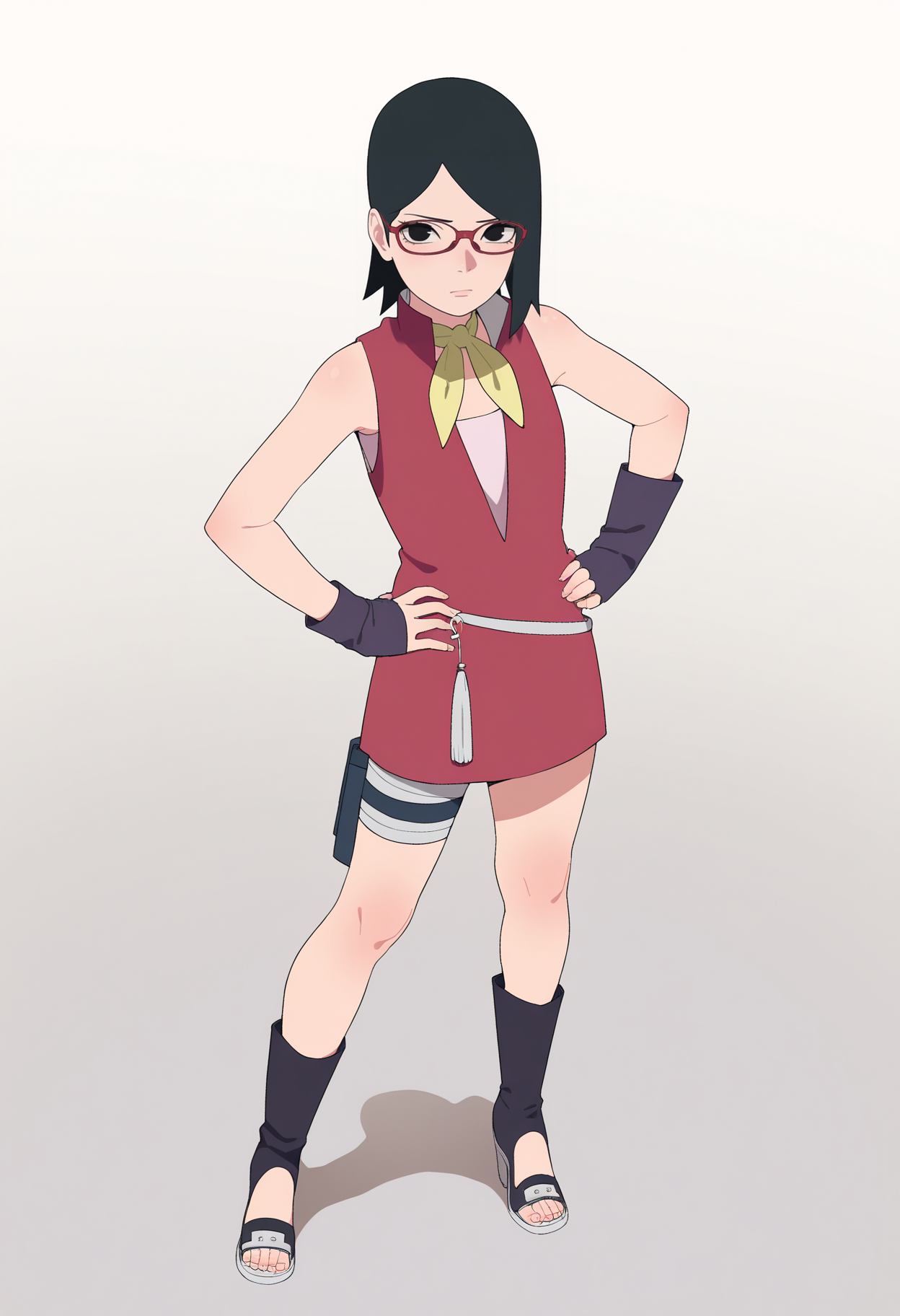 masterpiece, best quality, very aesthetic, absurdres,
1girl, sarada, black eyes, black hair, short hair, glasses, 
red sleeveless dress, ascot, toeless shoes,
hands on hips,
full body, standing, looking at viewer, solo, simple background, white background,    <lora:SaradaAcademyNoobXL_byKonan:1>