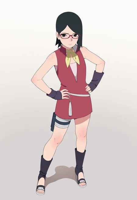 masterpiece, best quality, very aesthetic, absurdres,
1girl, sarada, black eyes, black hair, short hair, glasses, 
red sleeveless dress, ascot, toeless shoes,
hands on hips,
full body, standing, looking at viewer, solo, simple background, white background,    <lora:SaradaAcademyNoobXL_byKonan:1>