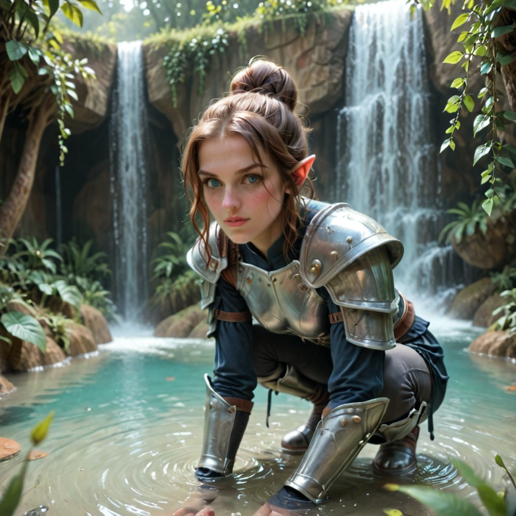(aerial perspective), A quality photograph of a woman with elf ears , blue eyes and long, wet brown hair, tied in a messy bun, is crouched in a shallow stream. Her armor is intricately detailed, featuring silver and black steel plates with a mix of smooth and textured surfaces, and includes shoulder guards, gauntlets, and a breastplate with ornate engravings, she is gripping a large, double-edged silver sword with both hands.the sword shimmers in light. The background features a cascading waterfall surrounded by lush greenery, with water droplets suspended in mid-air. The scene exudes a sense of action and adventure, reminiscent of fantasy or historical settings.