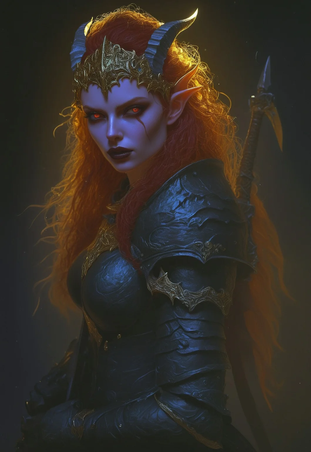 safe_pos, score_9, score_8_up, score_7_up, upscale 2x,(Pov from the side, beautiful, red hair, female elf, red eyes and horns, long hair, large breasts, black lipstick, parted lips, dark black armor with gold glowing details, runesword, on back, the sword is black with gold glowing details, dark in background:1.2) volcanic background
(8k uhd:1,4)
<lora:add-detail-xl:1>
<lora:Dynamic Poses:1>