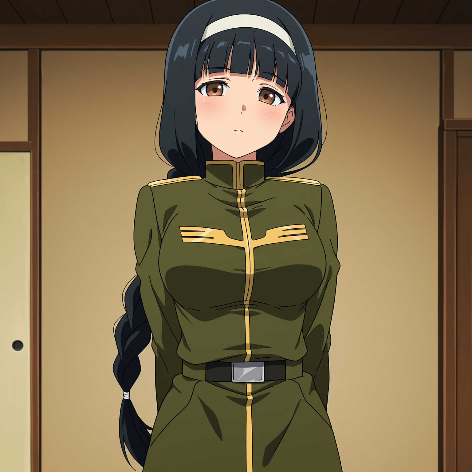 masterpiece, best quality, amazing quality, anime screencap, 1girl, solo, standing, cowboy shot, looking at viewer, <lora:Kergerenko08:0.9>, Kergerenko08, black hair, blunt bangs, single braid, hairband, brown eyes, large breasts, green military uniform, green pants