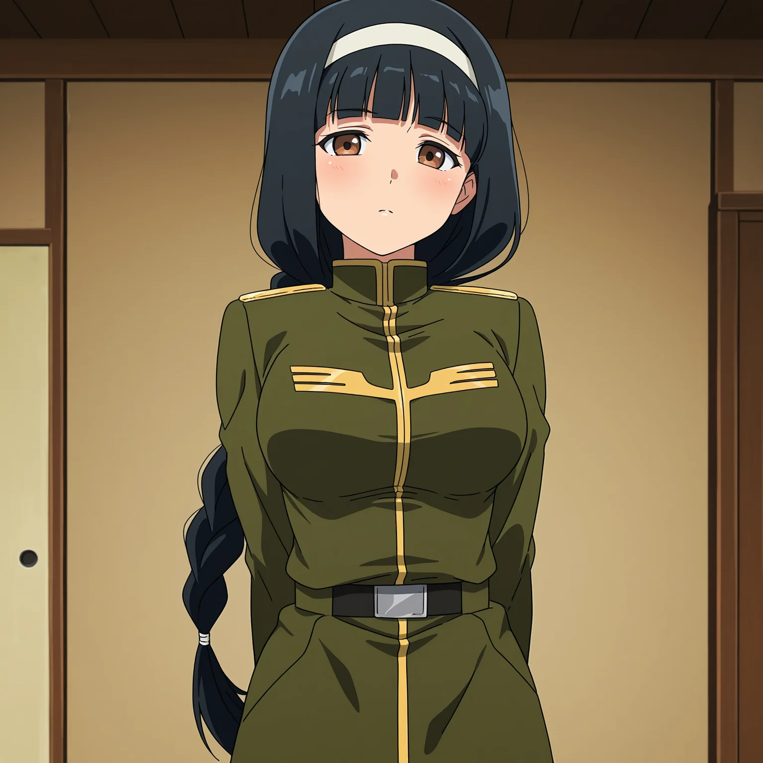 masterpiece, best quality, amazing quality, anime screencap, 1girl, solo, standing, cowboy shot, looking at viewer, <lora:Kergerenko08:0.9>, Kergerenko08, black hair, blunt bangs, single braid, hairband, brown eyes, large breasts, green military uniform, green pants