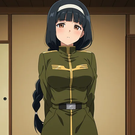 masterpiece, best quality, amazing quality, anime screencap, 1girl, solo, standing, cowboy shot, looking at viewer, <lora:Kergerenko08:0.9>, Kergerenko08, black hair, blunt bangs, single braid, hairband, brown eyes, large breasts, green military uniform, green pants