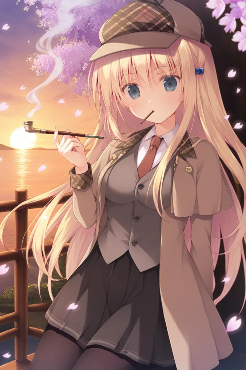 masterpiece,best quality,amazing quality,highres,scenery,newest,1girl,official style,kruger,blonde hair,hat,long hair,blue eyes,hair ornament,deerstalker,hair beads,kruger daily,pantyhose,skirt,black pantyhose,necktie,detective,red necktie,<lora:yingyun-kruger-V2:1>,outside,handrail,river,(pipe),(smoking pipe),smoking,upper body,evening,from side,sunset,looking at viewer,cherry blossoms,wind,shadow,Flowing and free hair