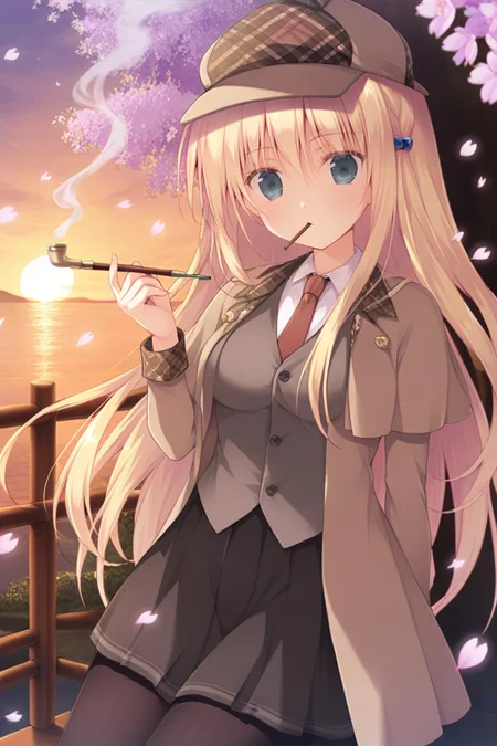 masterpiece,best quality,amazing quality,highres,scenery,newest,1girl,official style,kruger,blonde hair,hat,long hair,blue eyes,hair ornament,deerstalker,hair beads,kruger daily,pantyhose,skirt,black pantyhose,necktie,detective,red necktie,<lora:yingyun-kruger-V2:1>,outside,handrail,river,(pipe),(smoking pipe),smoking,upper body,evening,from side,sunset,looking at viewer,cherry blossoms,wind,shadow,Flowing and free hair