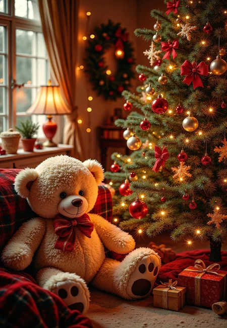 (Masterpiece, best quality, well lit, highly detailed) Christmas, Christmas party, Christmas tree, cozy, warm lighting, christmas living room, indoors, with a big teddy bear, candycane, cookies