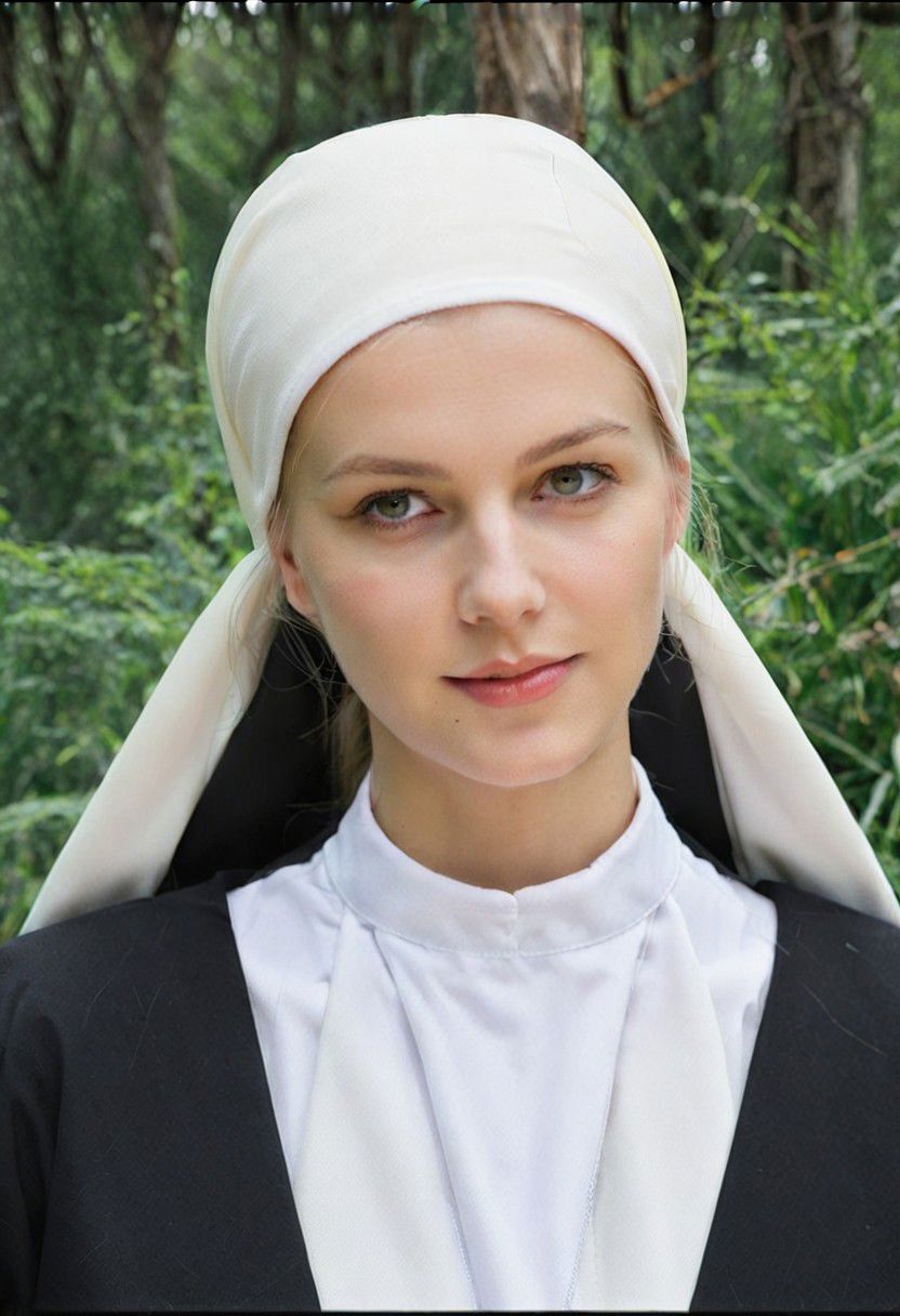portrait, Detailed face, Woman wearing nun outfit in nature, 35 years old