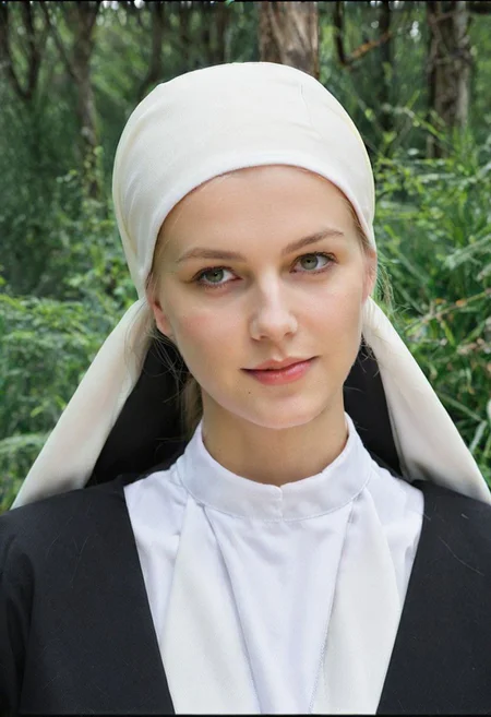 portrait, Detailed face, Woman wearing nun outfit in nature, 35 years old