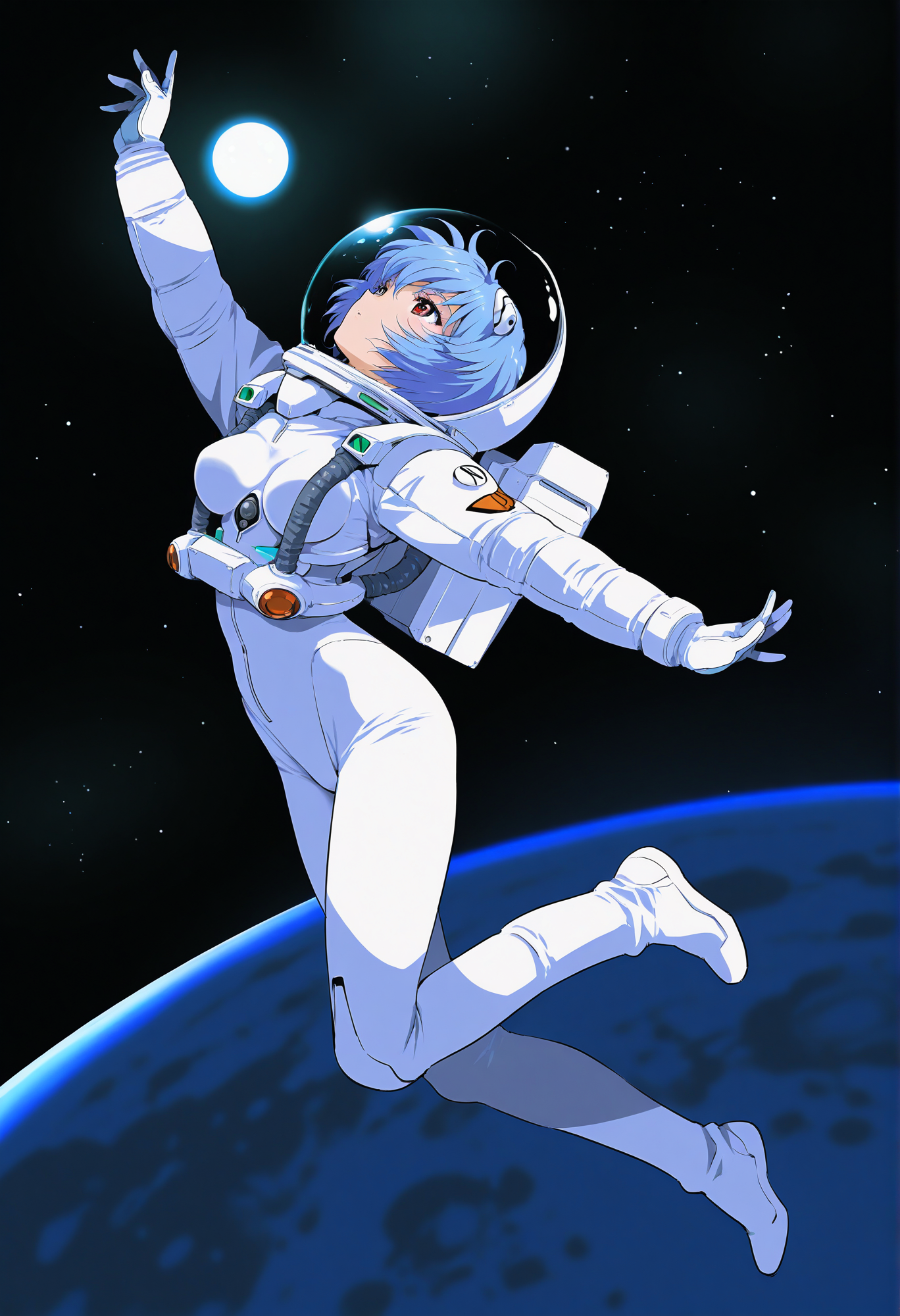 very awa, (inoue sora:0.8), 1girl, moon, space, spacesuit, space helmet, ayanami rei, upper body, jumping,   masterpiece, [best quality:0.15], newest, absurdres,