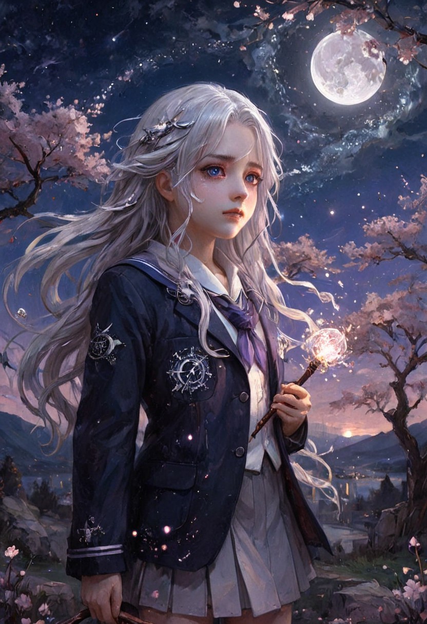 Mystical high-school girl with silver-white flowing hair and violet eyes, standing under a twilight sky filled with swirling constellations and glowing cherry blossoms; her school uniform softly glows with ethereal light, and she holds a celestial staff made of crystal and moonlight; the scene evokes serenity, mystery, and quiet strength — anime-style illustration with intricate details, soft lighting, and a dreamlike atmosphere.