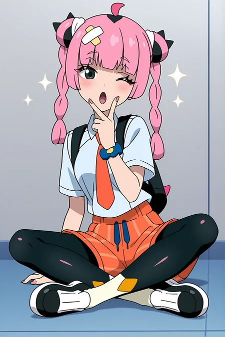 anime screencap, pokemon, pokemon horizons, coralmv, 1girl, solo, long hair, breasts, looking at viewer, blush, open mouth, shirt, hair ornament, sitting, twintails, school uniform, white shirt, pink hair, ahoge, braid, short sleeves, pantyhose, necktie, one eye closed, shorts, shoes, collared shirt, hand up, blunt bangs, black footwear, grey background, striped clothes, nail polish, star, (symbol), bag, black eyes, twin braids, black pantyhose, grey eyes, eyelashes, v, cosplay, sparkle, double bun, white footwear, backpack, pink nails, vertical-striped clothes, wrist scrunchie, indian style, pantyhose under shorts, black bag, orange necktie, orange nails, orange shorts, striped shorts, naranja academy school uniform, v over mouth, vertical-striped shorts, fingernails, coral \(pokemon\)
<lora:Coral_2outf:1>