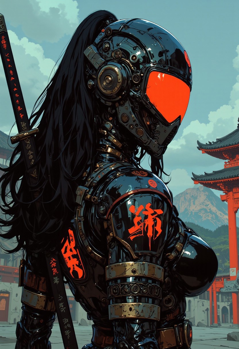 gothic, niji,  this digital anime artwork portrays an erotic, sexy asian female cyberpunk samurai, helmet with mirrored visor, hyperdetailed helmet, flowing black hair, reflective black and neon red armor, a katana strapped to her back, abstract background suggesting eastern temple
