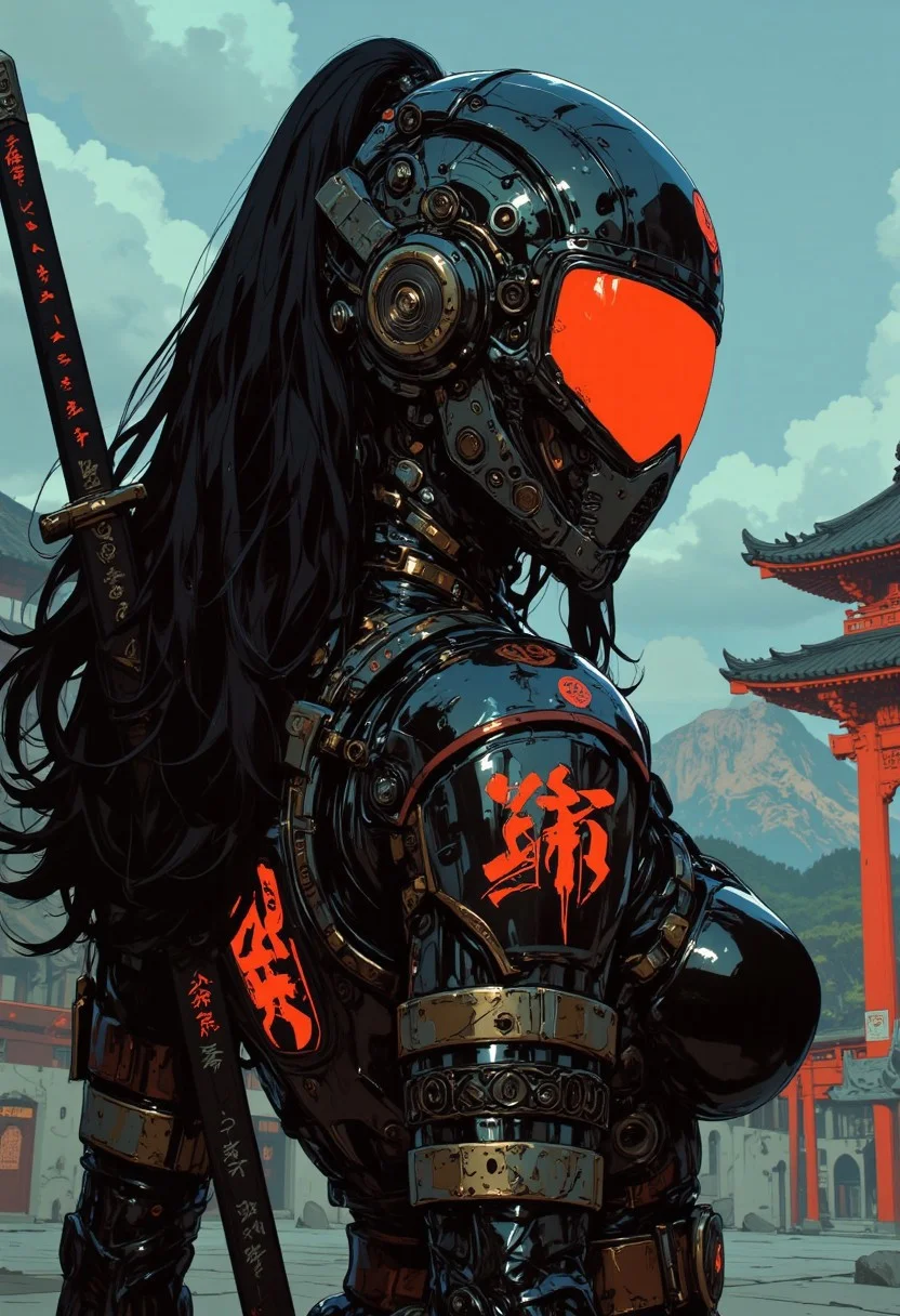 gothic, niji, this digital anime artwork portrays an erotic, sexy asian female cyberpunk samurai, helmet with mirrored visor, hyperdetailed helmet, flowing black hair, reflective black and neon red armor, a katana strapped to her back, abstract background suggesting eastern temple