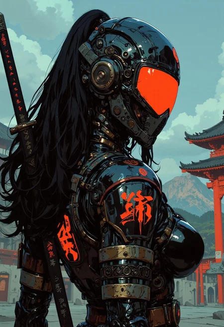 gothic, niji,  this digital anime artwork portrays an erotic, sexy asian female cyberpunk samurai, helmet with mirrored visor, hyperdetailed helmet, flowing black hair, reflective black and neon red armor, a katana strapped to her back, abstract background suggesting eastern temple