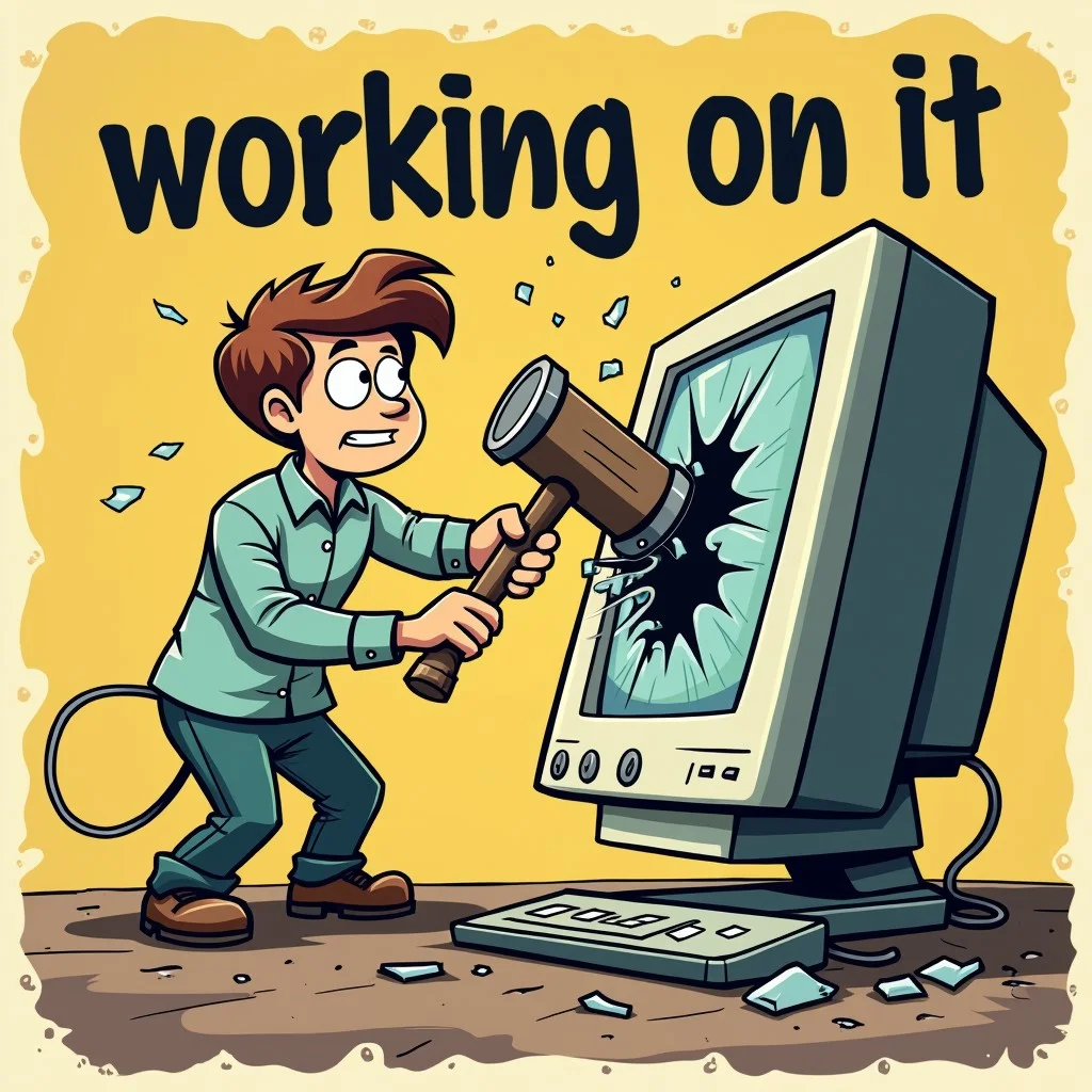 vintage cartoon style, character destroying monitor with giant hammer, hitting monitor, broken monitor, shattered screen, text: "working on it"