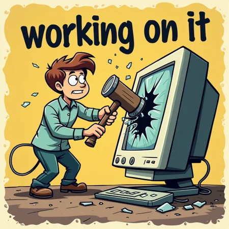vintage cartoon style, character destroying monitor with giant hammer, hitting monitor, broken monitor, shattered screen, text: "working on it"