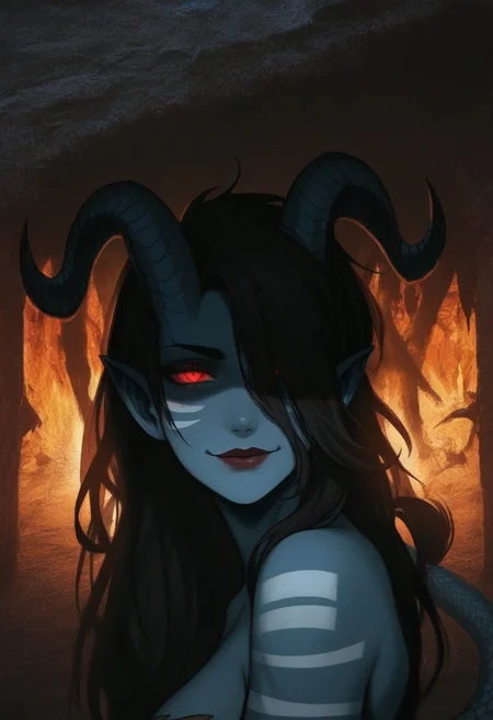masterpiece,best quality,amazing quality, PHTBG, photo background, 1girl, portrait, beautiful, tiefling shaman, black hair, (long hair:1.3), side bangs, horns, barbarian, gladiator, war paint, tribal markings, long tail, blue skin, red lips, red eyes, glowing eyes, (smug:0.85), dramatic lights, detailed