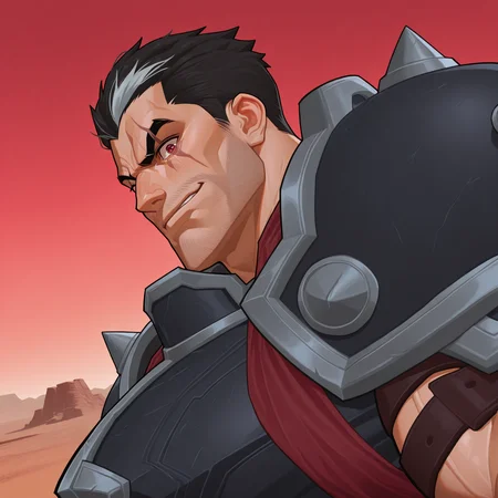 masterpiece, best quality, absurdres, newest, perfect quality, best quality, absolutely eye-catching, detailed background, intricate details, d1zd00dz, darius_LoL, bara, male, 1boy, solo, muscular, black hair, streaked hair, dark red eyes, upper body, desert plains background, smirk, furrowed brow, looking at viewer, scar over eye, armor, (low angle:1.2), shadowed face, intimidating, (side view:1.2),