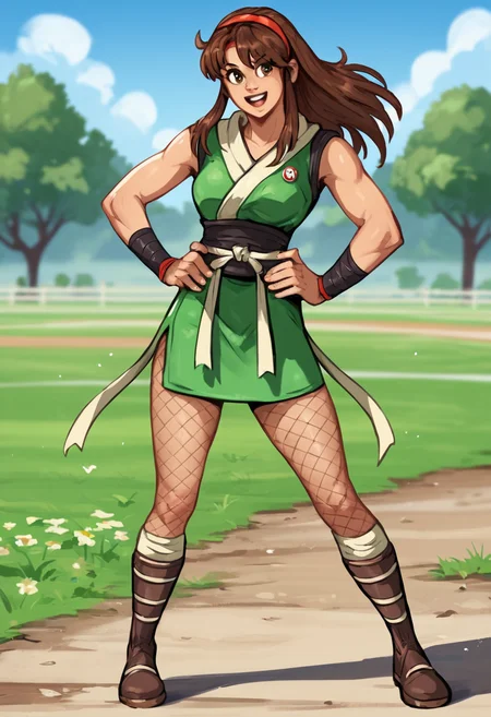 score_9,score_8_up,score_7_up,score_6_up,1girl,K0tonoDD, <lora:KotonoDDPony:0.9>, long hair,brown hair,hairband,green skirt,ninja,sash,fishnets, boots,standing,full body,hands on hips,facing viewer,happy,:d,outdoors,dry field