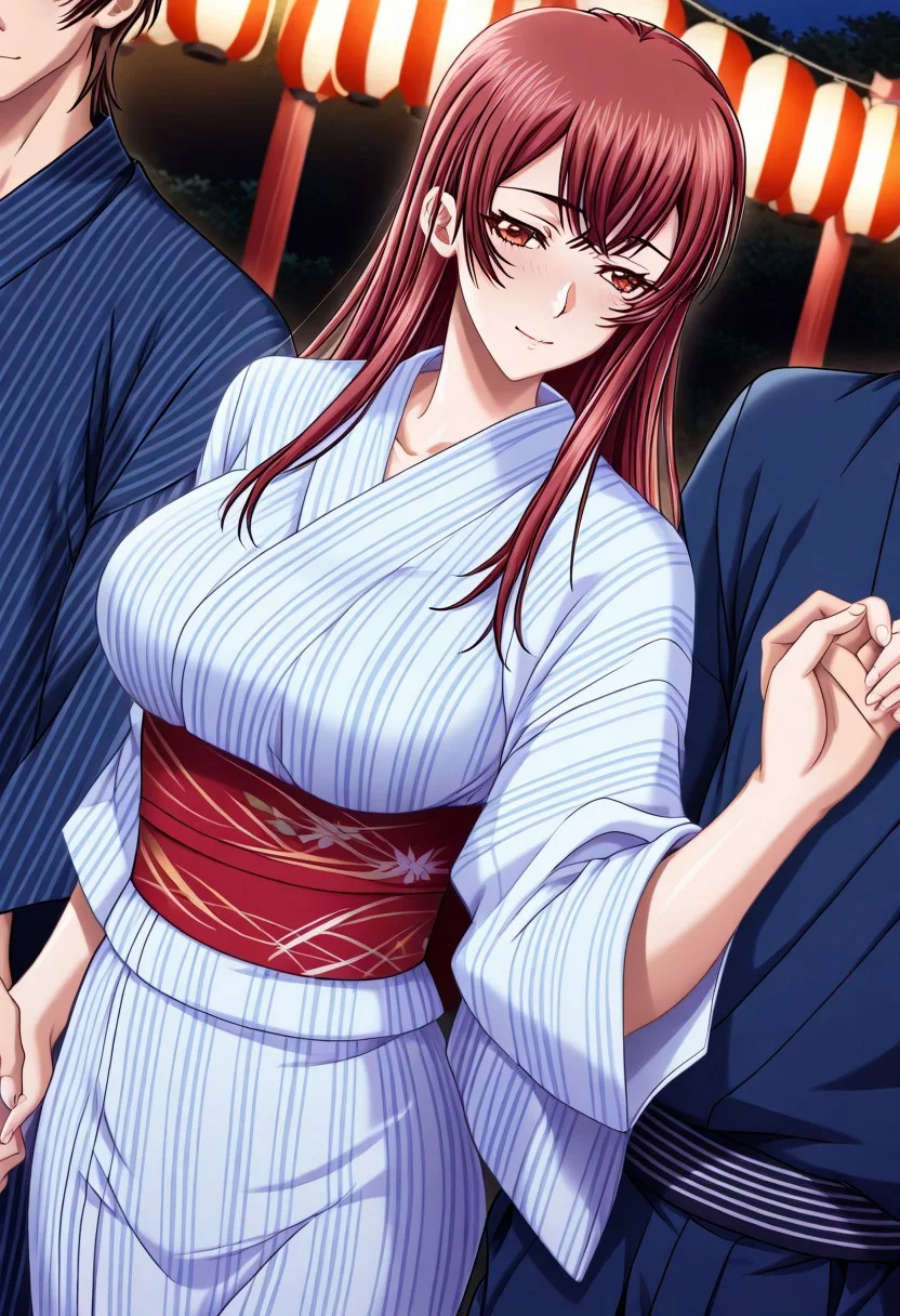 masterpiece, best quality, newest, highres, uncensored, 1girl, yokota mamoru style,1girl,
Aiba Sakura,Long Hair, Red Hair, Red Eyes,Slim
japanese clothes, kimono, 1boy, brown hair boy, 1girl, hetero, festival, holding hands, couple, yukata, obi, brown eyes, outdoors, sash, from behind
