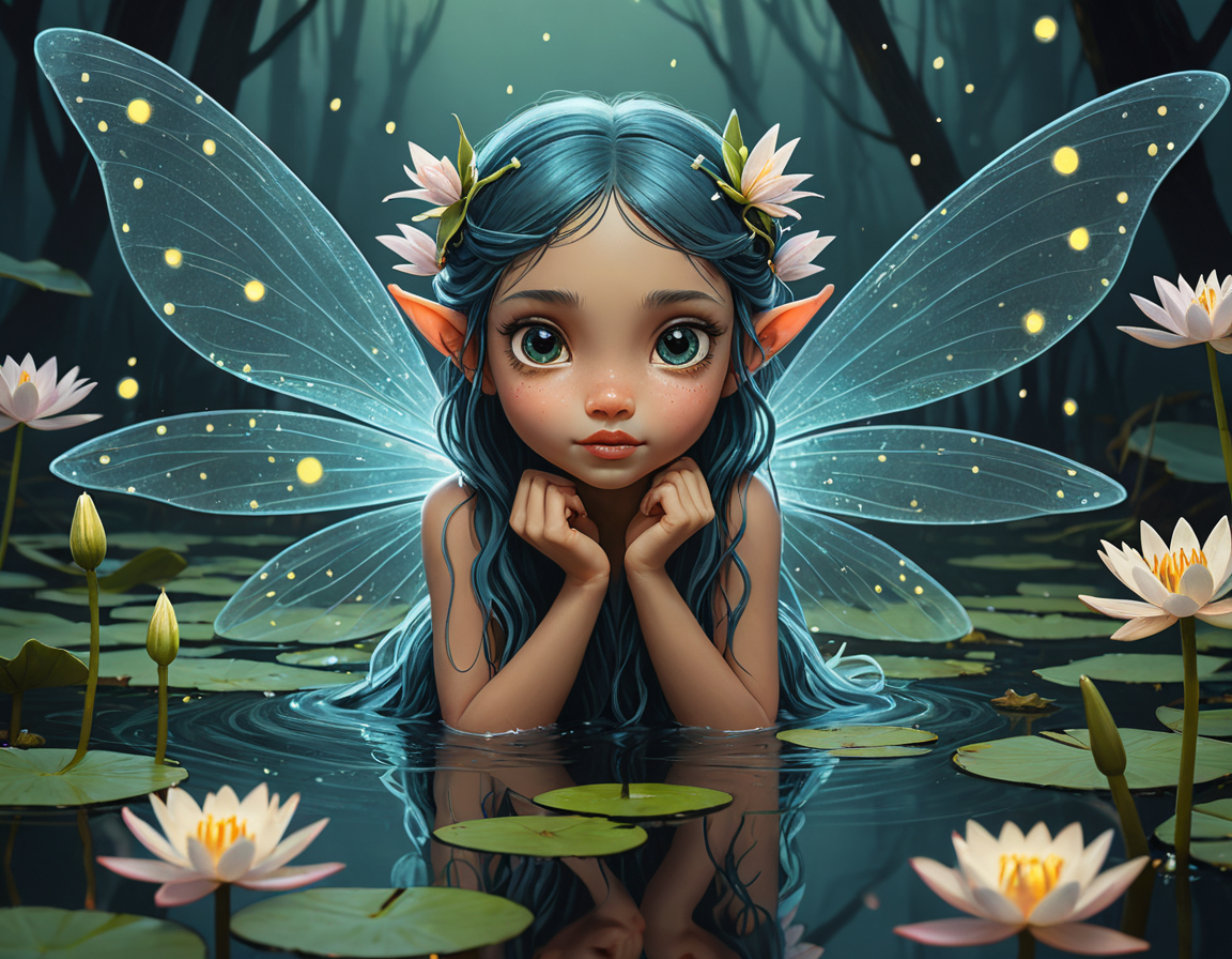 Positive prompt:
fairy tale  mischievous fairy, with wings adorned by delicate water lily petals and eyes that glow like fireflies, flits through the murky depths of a swamp at dusk. The ethereal creature playfully interacts with its surroundings while casting an enchanting spell on unsuspecting creatures below . magical, fantastical, enchanting, storybook style, highly detailed