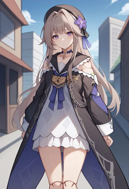 score_9,score_8_up,score_7_up,score_6_up,score_5_up,score_4_up,
1girl, herta \(honkai: star rail\), honkai \(series\), long hair, minidress. beret, hair flower, coat, choker, doll joints,
cowboy shot, outdoors, city, solo, looking at viewer, straight-on, standing,
<lora:hertaponyxl:1>