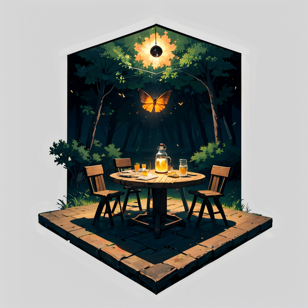 otherworldly, hexagonal composition, glass jar, wooden table, fireflies, night, outdoors, simple background  <lora:hexagon_composition_03:0.6>