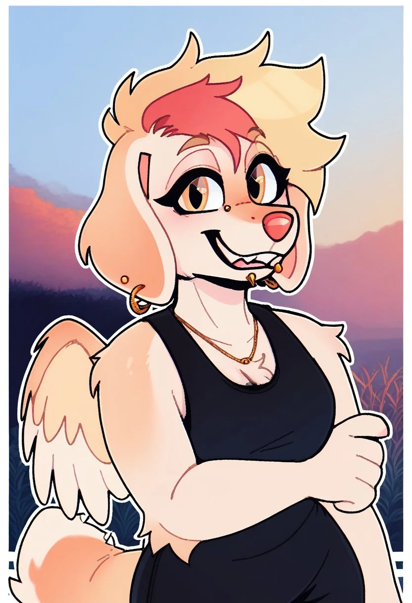 score_9_up, score_8_up, score_7_up, score_6_up, by remanedur, half-length portrait, female, brown eyes, red highlights, dog, brown hair, bridge piercing, multicolored hair, tail, medium breasts, medium hair, earrings,golden brown fur, black tank top, black pants, wings, chin piercing, ear piercing, long floppy ears, looking at viewer, head tilt, solo, happy, smile, three-quarter view, simple background, white outline, <lora:Leah_Pines(AIM)_XL_v1:0.15> <lora:PDXL_artist_tags_v2_big:0.5> <lora:The-Minuscule-Task_PDXL_v1.0:0.6> <lora:Aspen_VibeStrike:0.65>