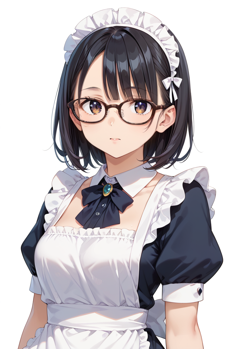 score_9, score_8_up, score_7_up, rating_safe, masterpiece, best quality, absurdres, unity 8k wallpaper, official art, official style, source_anime, uncensored, game cg, megami magazine,
1girl, solo, black hair, medium hair, upper body, covered eyes,maid, maid headdress, black dress, maid apron, face focus,
oval_cell, glasses, still life, white background, simple background, brown-framed eyewear,
 <lora:glasses_OvalCell1_PONY_V1:1>