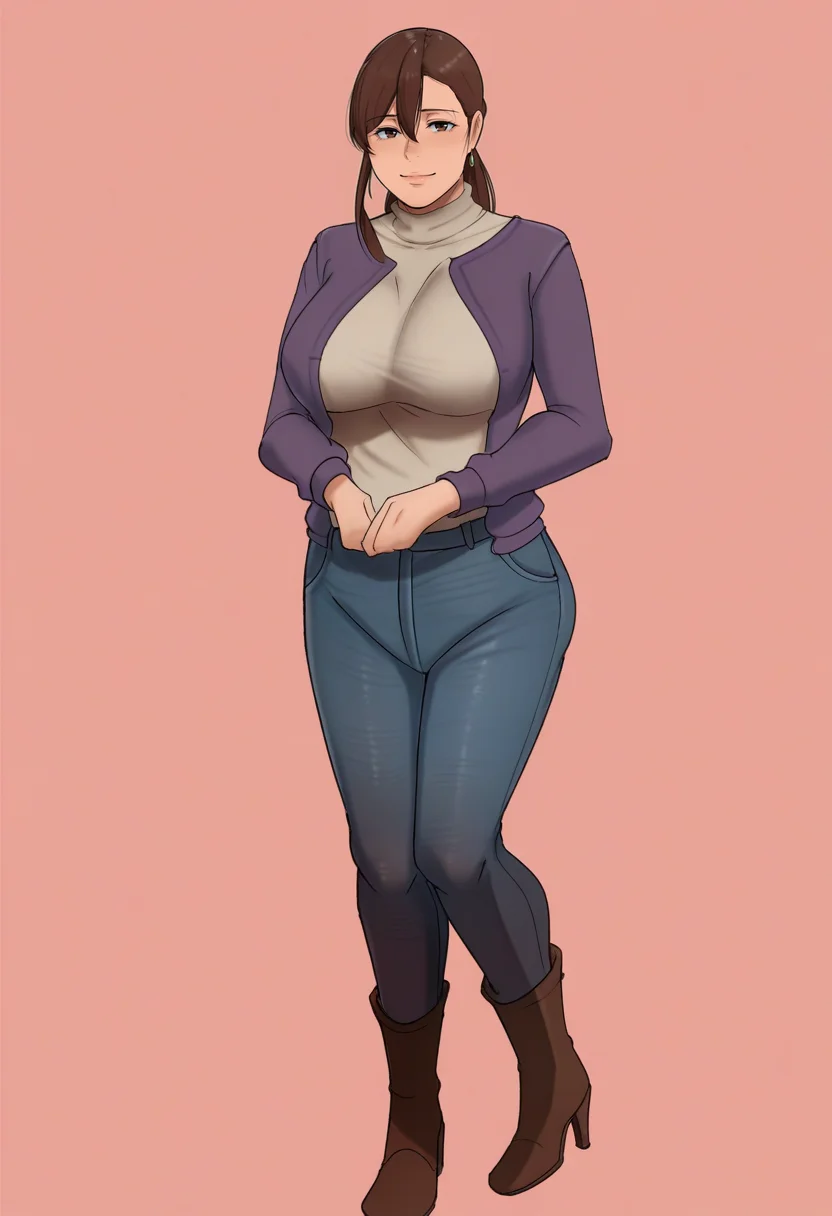 masterpiece, best quality,
1girl, solo, full body,
standing,
looking at viewer, light smile, happy,
<lora:Yurie_-_Yojouhan_Shobou:1> y0r13, brown hair, mature female, large breasts, long hair, ponytail, hair between eyes, brown eyes,
purple jacket, turtleneck, jewelry, jeans, long sleeves, boots, high heels,
pink background, simple background,