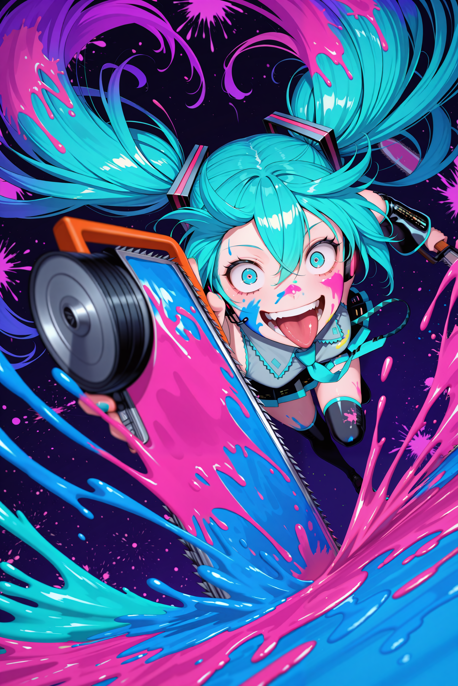 lazympos, 1girl, hatsune miku, chainsaw, crazy eyes, crazy smile, tongue, (from below:1.2), dynamic pose, holding chainsaw, spark, close-up,dutch angle, (colorful), from above, (paint splatter:2),fisheye, inksplat, paint splatter on face, paint on clothes, paint splatter on face, lineart, motion lines, motion blur, shadows, dark, colorful, paint everywhere, covered in paint, standing on one leg <lora:TrendCraft_The_Peoples_Style_Detailer-v2.1A-3_12_2025-JANKU:0.2>