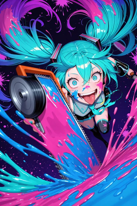 lazympos, 1girl, hatsune miku, chainsaw, crazy eyes, crazy smile, tongue, (from below:1.2), dynamic pose, holding chainsaw, spark, close-up,dutch angle, (colorful), from above, (paint splatter:2),fisheye, inksplat, paint splatter on face, paint on clothes, paint splatter on face, lineart, motion lines, motion blur, shadows, dark, colorful, paint everywhere, covered in paint, standing on one leg <lora:TrendCraft_The_Peoples_Style_Detailer-v2.1A-3_12_2025-JANKU:0.2>