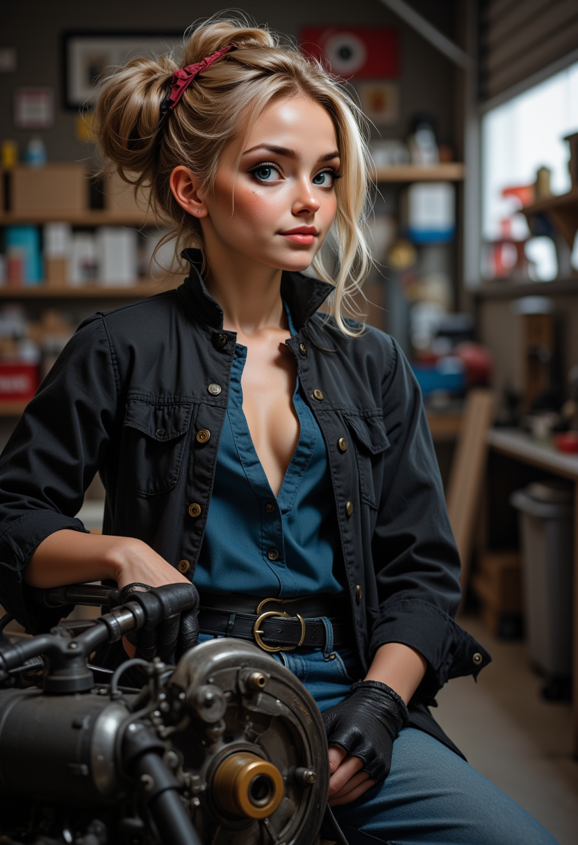 profile headshots, She is approximately 18 years old, full body view, dynamic angles, multiple angles, photoshoot poses; A photo of Cynthia, is painted in a realistic style. She is wearing a blue shirt and a black jacket, blue jeans and black boots,and her hair is in a bun. she is working on a engine in a mechanic shop, indoors,  The painting captures her smiling expression and the details of her outfit. which adds to the focus on the girl's face and her outfit. The overall composition is a beautifully rendered portrait of a young girl. 32k UHD, expressive eyes, punk, graphic design, girl's face, pretty and cute, gleaming lips, telling a tale of adventure. Exuding confidence and serenity. The overall mood of the image is happy and relaxed,detailed skin texture,(blush:0.2),(goosebumps:0.3),subsurface scattering,with a playful and whimsical tone, aidmaHyperrealism, aidmarealisticskin,Niji style,
