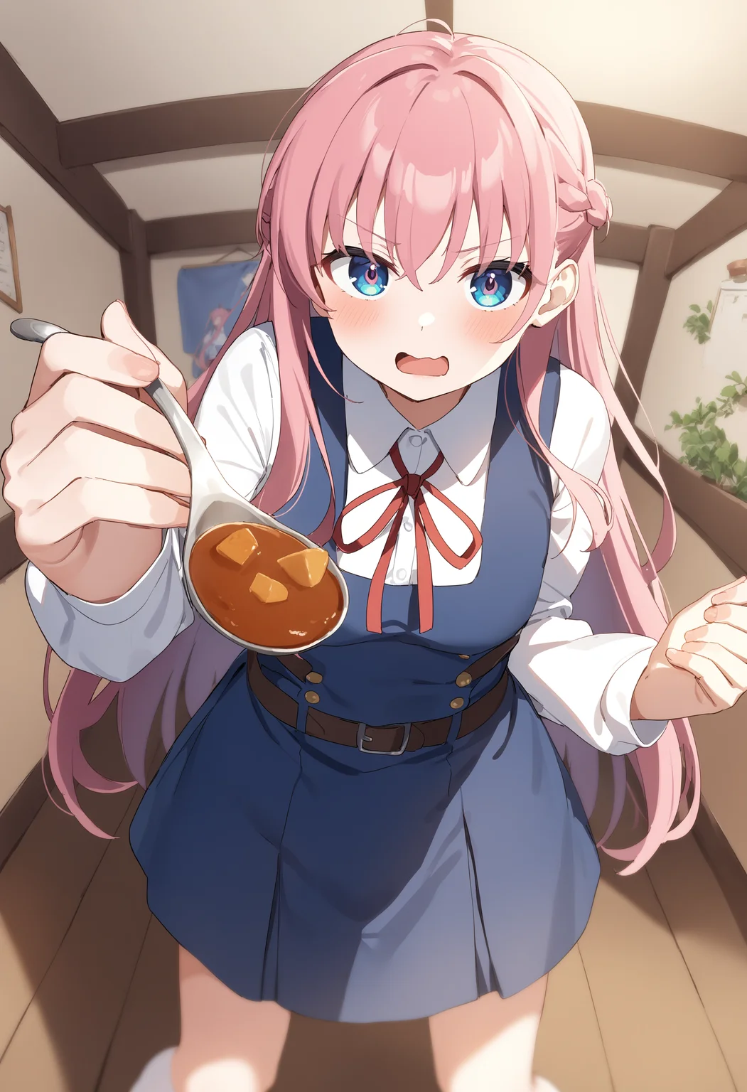 1girl,sincos, ningen mame, toosaka asagi,solo,medium breasts,school uniform,
feeding, food, open mouth, incoming food, looking at viewer, holding spoon, curry, <lora:feeding_XL_v1:0.9>
ceiling, panorama shot, pink hair, brown eyes,grimace, middle ages street, braid hair,,
best quality, very aesthetic, absurdres