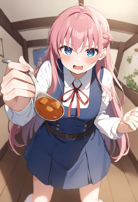 1girl,sincos, ningen mame, toosaka asagi,solo,medium breasts,school uniform,
feeding, food, open mouth, incoming food, looking at viewer, holding spoon, curry, <lora:feeding_XL_v1:0.9>
ceiling, panorama shot, pink hair, brown eyes,grimace, middle ages street, braid hair,,
best quality, very aesthetic, absurdres