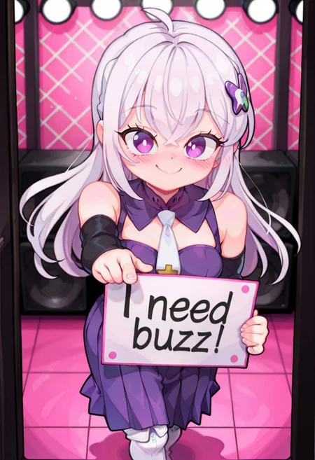 1girl, solo, Ghelber, need_buzz, holding sign, (bluethebone), perfect eyes, absurdres, illustration, intricate details, incredibly absurdres, ambient occlusion, depth of field, intricate background, high quality, 4k, masterpiece, ultra-detailed,best quality,amazing quality, very aesthetic, vibrant colors, looking at viewer, bokeh effect, cinematic framing, perfect hands, cute, perfect_face, bright eyes, soft skin, (indoors, stage, stage_lights, pink lights), (front view, from above), (dynamic pose, pointing at viewer), (blush, smile), white pupils
Emilia rezero, ahoge, purple eyes, white hair, crossed bangs, hair ornament, long hair, white necktie, white footwear, purple skirt, long skirt, black sleeves, boots, collared shirt, detached sleeves, purple shirt, necktie, pleated skirt, skirt, sleeveless, thigh boots, tie clip,