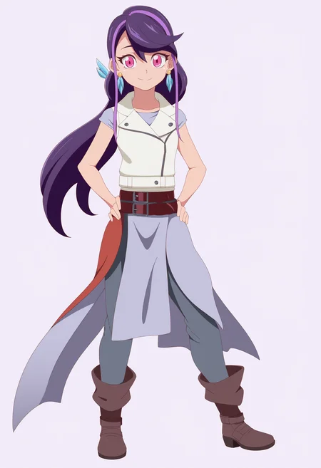 best quality, amazing quality, very aesthetic, absurdres, thick lineart,
1girl, luluobsidian, purple hair, long hair, two-tone hair, pink eyes, hair ornament,
earrings, low ponytail,
vest, boots, belt, pants,
standing, full body, hands on hips,
smile, solo, looking at viewer, (simple background, white background:1.3), <lora:LuluObsidianNoobXL_byKonan:1>
