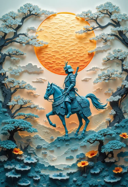 A beautiful and artistic paper cutout composition depicting a samurai warrior on a horse in an elegant, handcrafted style. The compositions are intricately cut from high-quality textured paper, with soft shadows cast onto the background, adding depth and dimension. Surrounding the samurai warrior are delicate paper cutout bonsai, and swirling decorative elements, creating a sense of traditional japanese art and craftsmanship. The lighting is soft and warm, enhancing the texture of the paper and giving the scene a handmade aesthetic. The background is a pale rising sun in a softly blurred gradient to keep the focus on the intricate details of the paper art <lora:fantasy-flux-nymical-v2:0.6> <lora:FluxDFaeTasticDetails:0.6> <lora:42lux-UltimateAtHome-flux-highresfix:0.25>
