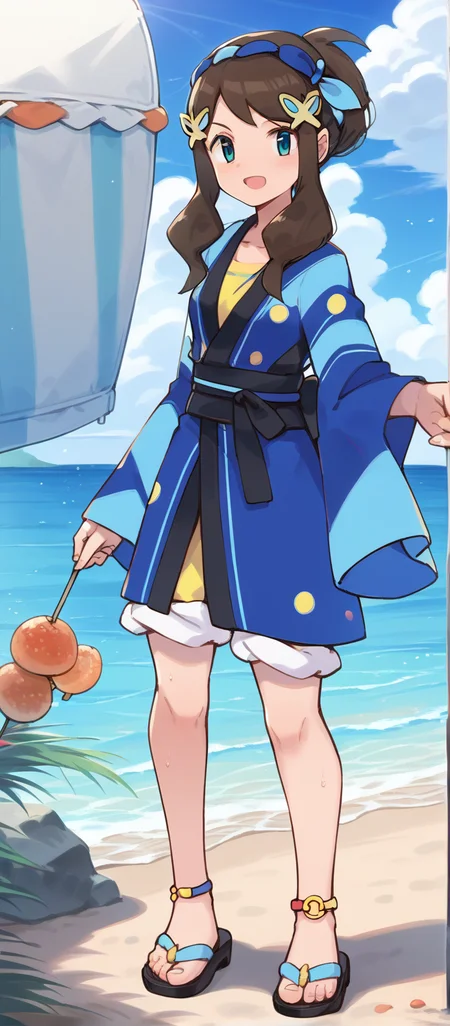 score_9, score_8_up, score_7_up,source_anime, (1girl), solo, mature female, standing, beach, colorful, close_up, medium breasts,masterpiece,amazing quality,very aesthetic,high resolution,ultra-detailed,absurdres,newest,masterpiece,amazing quality,very aesthetic,high resolution,ultra-detailed,absurdres,newest, sweat,sumhilda, ex colors, blue eyes, brown hair, sidelocks, high ponytail, gold hair ornament, nejiri hachimaki, blue hairband, light blue hairband, japanese clothes, happi, long sleeves, multicolored jacket, blue jacket, light blue jacket, yellow shirt, two-tone shorts, (yellow shorts), [white shorts], red anklet, sandals, light blue footwear, black footwear