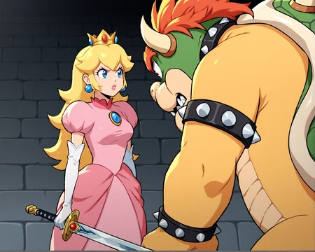 score_9, score_8_up, score_7_up, source_anime BREAK 1girl, princess peach, blue eyes, looking at another, hair between eyes, long hair, over-the-shoulder shot, blonde hair, breasts, perky breasts, sword, angry, standing, holding sword, parted lips, <lora:Over-the-shoulder_shot:1>, 1boy, male facing away, bowser, size difference, rating_questionable