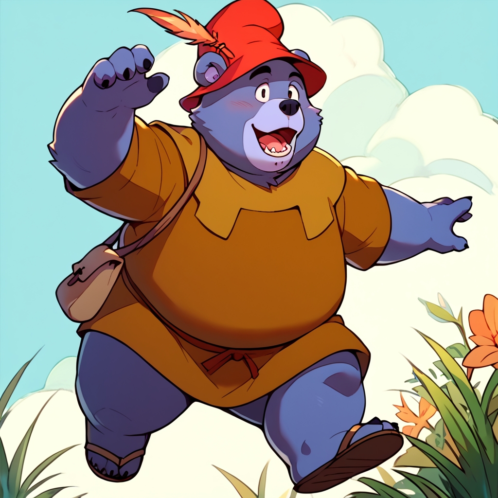 tummigummixl, anime, score_9, score_8_up, score_7_up, high quality, anthro, solo, male focus, bear, overweight, plump face, brown tunic, red cap with feather, shoulder bag, sandals, jumping
