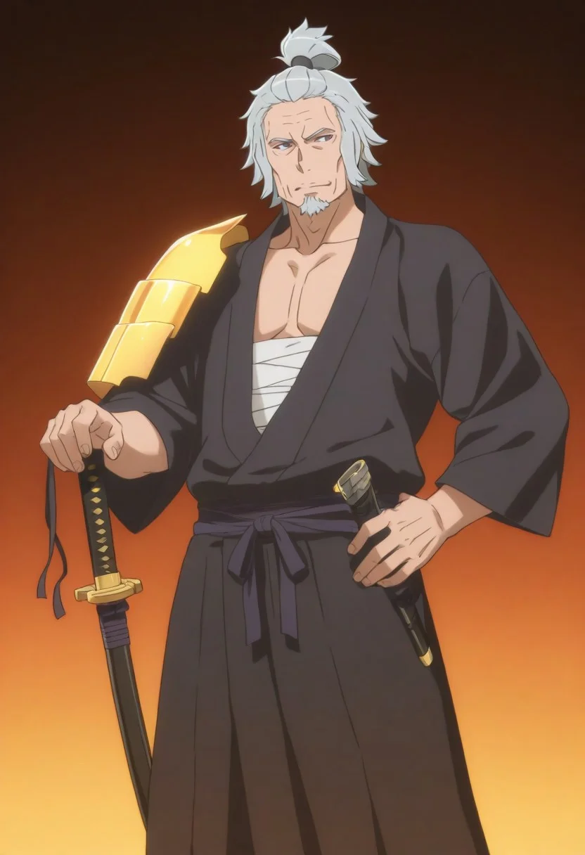 1boy, older male, mature male, An elderly samurai with long, flowing grey hair tied in a loose topknot, his scarred, weathered face exuding wisdom and resolve. He’s dressed in a tattered kimono with muted red and black hues, adorned with battle-worn lightweight armor. His katana, sheathed at his hip, has a rugged hilt wrapped in dark cloth. Rendered in a vibrant anime style inspired by Danmachi—crisp black outlines, soft gradient shading, and a heroic yet grounded presence. The scene is set on a misty battlefield at dawn, with faint warrior silhouettes in the distance and a warm golden glow piercing the fog. Masterpiece, best quality, highly detailed, dynamic composition, dramatic anime lighting. <lora:DanMachi_Style:1>