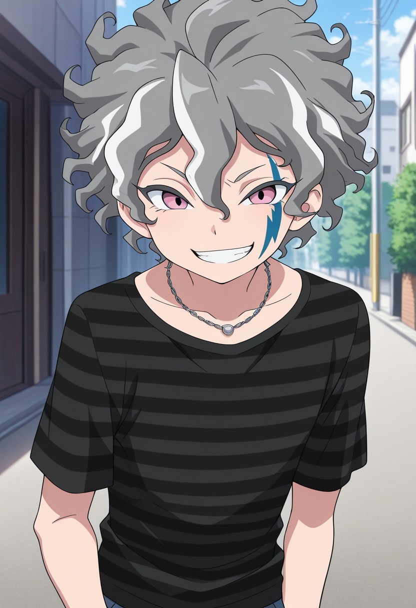 masterpiece,best quality,amazing quality, source_anime,
KiraHiroto, 1boy, male focus, solo, pink eyes, grey hair, facial tattoo, necklace, shirt, black shirt, striped shirt, short sleeves, smile, grin,
outdoor,